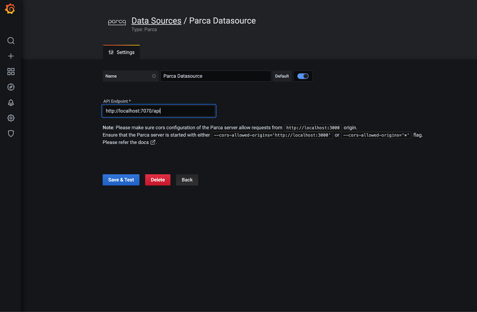 A screenshot of Parca datasource configuration