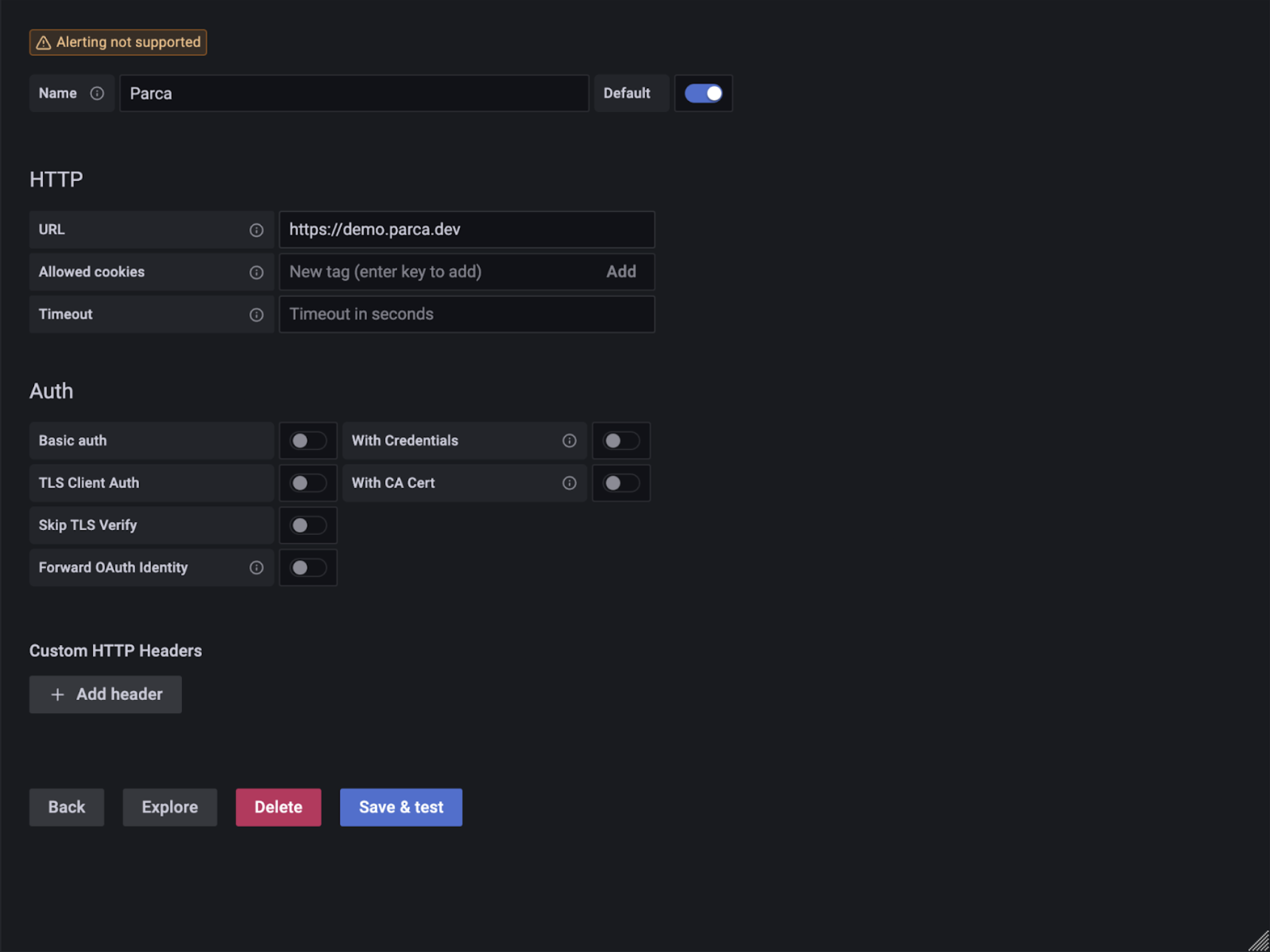 A screenshot of a Parca datasource configuration within Grafana