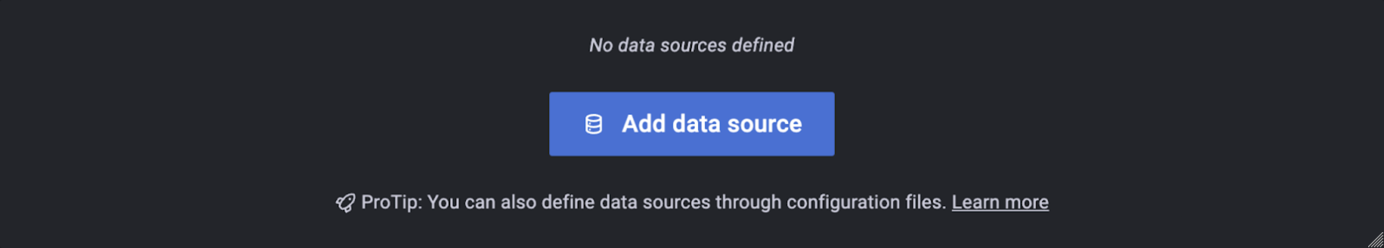 A screenshot from within Grafana showing the add datasource button
