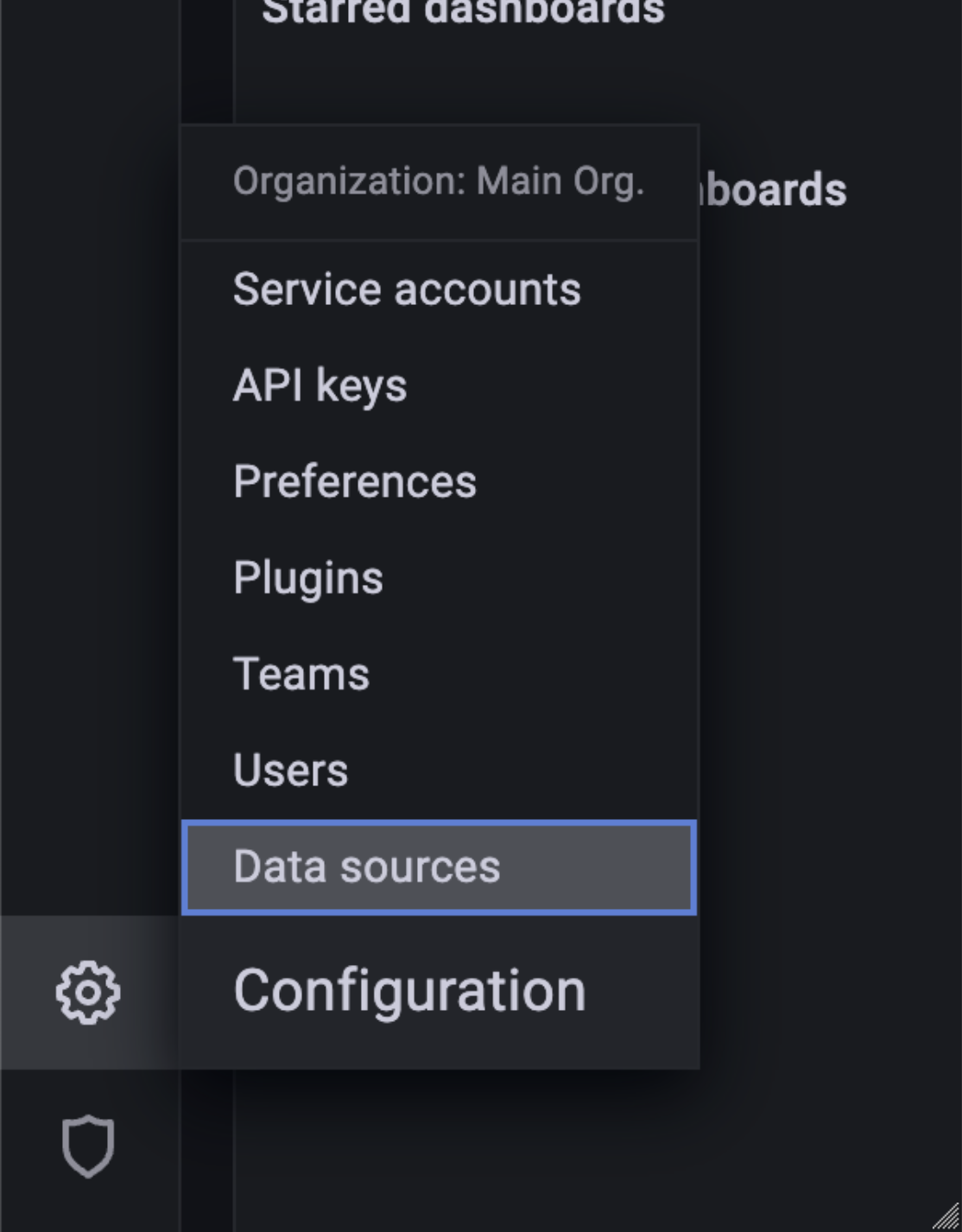 A screenshot of Grafana's menu to find data source configurations