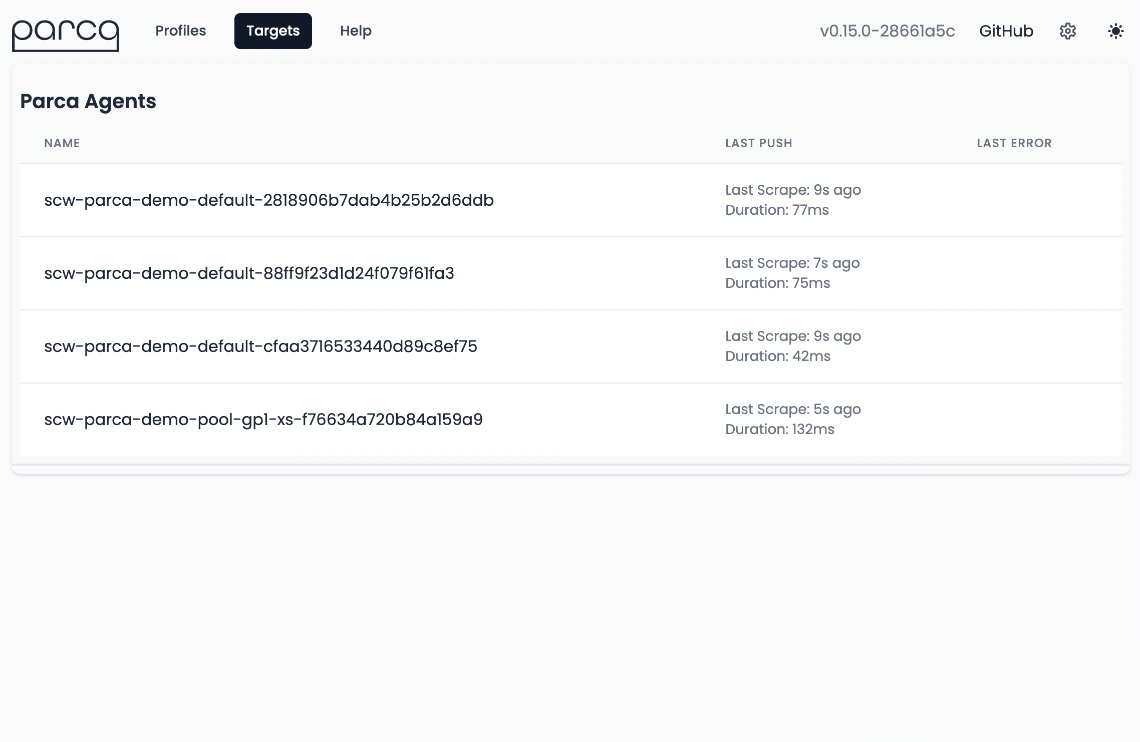 Parca's Targets page showing 4 Parca Agents actively sending data.
