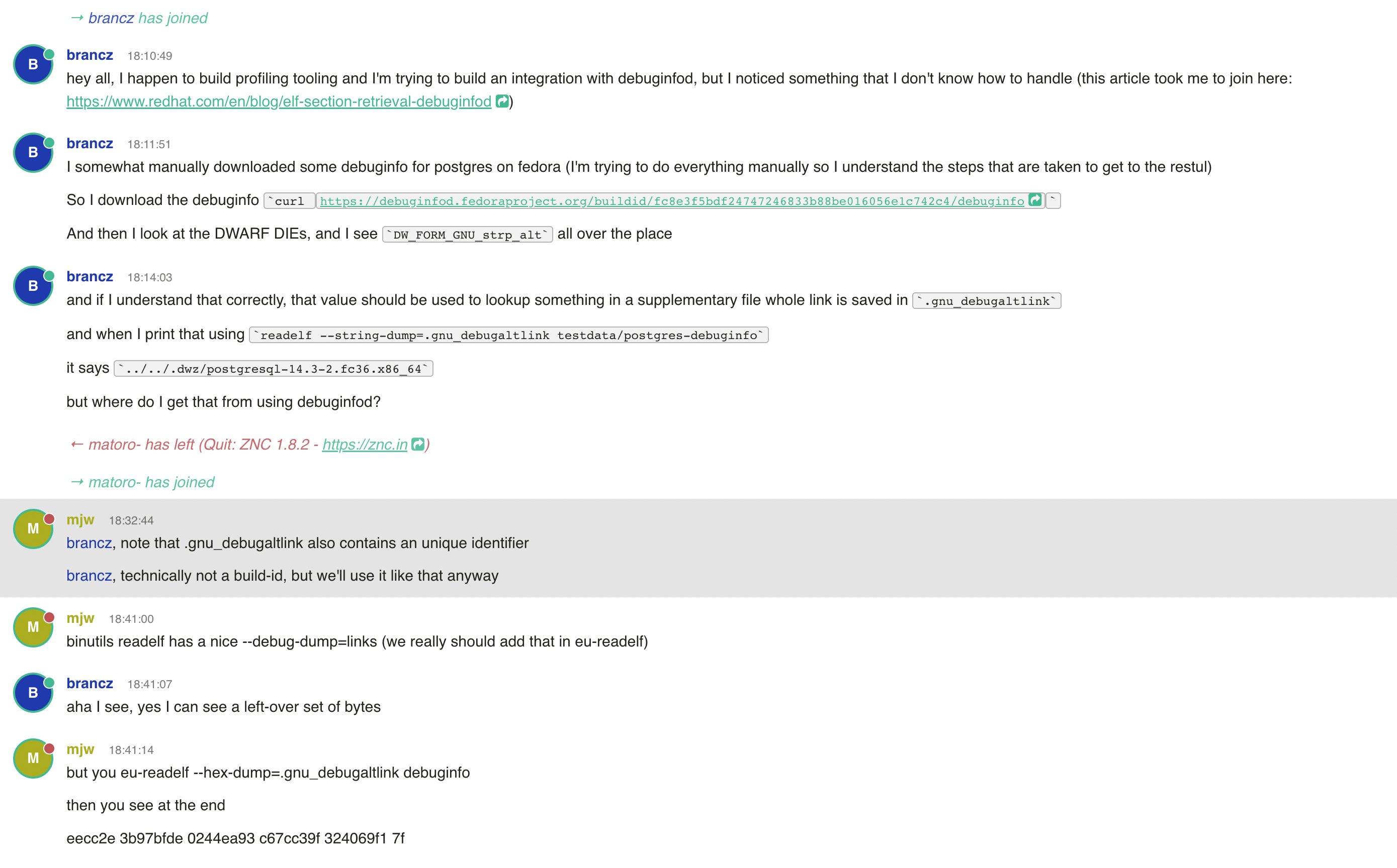 Screenshot of a conversation on IRC explaining how to correctly interpret the bytes in a `.gnu_debugaltlink` section