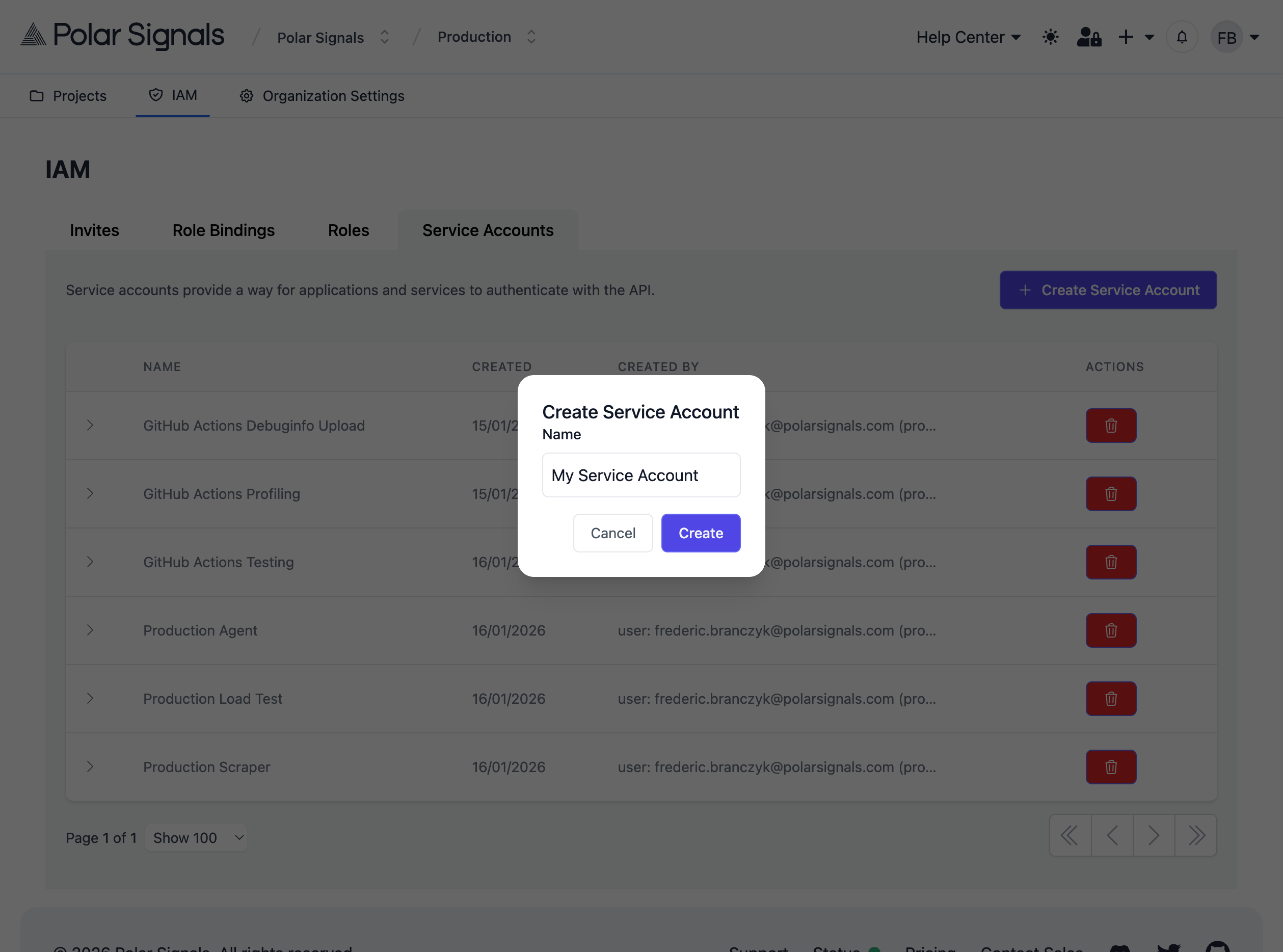 Create Service Account modal