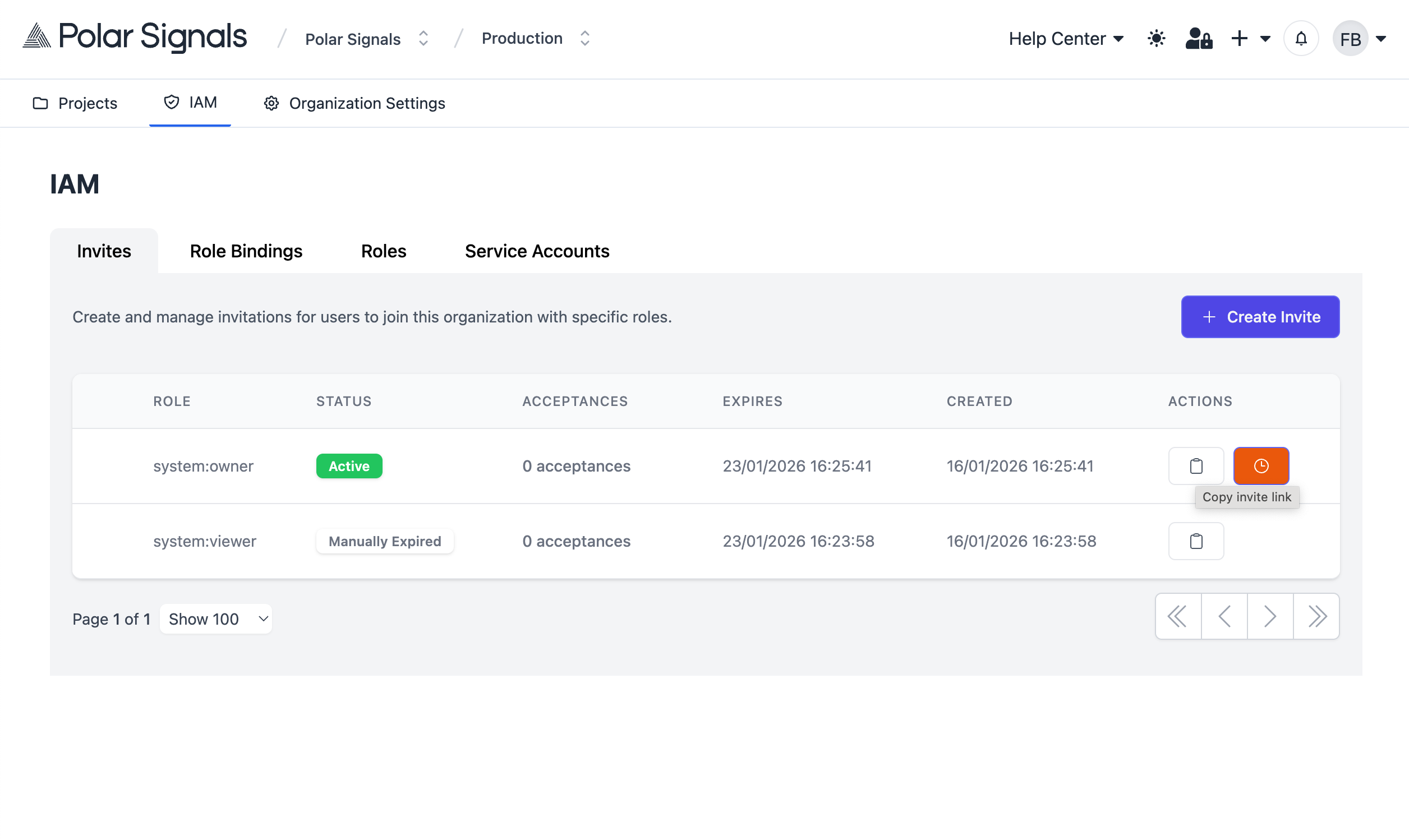 Invite link generated