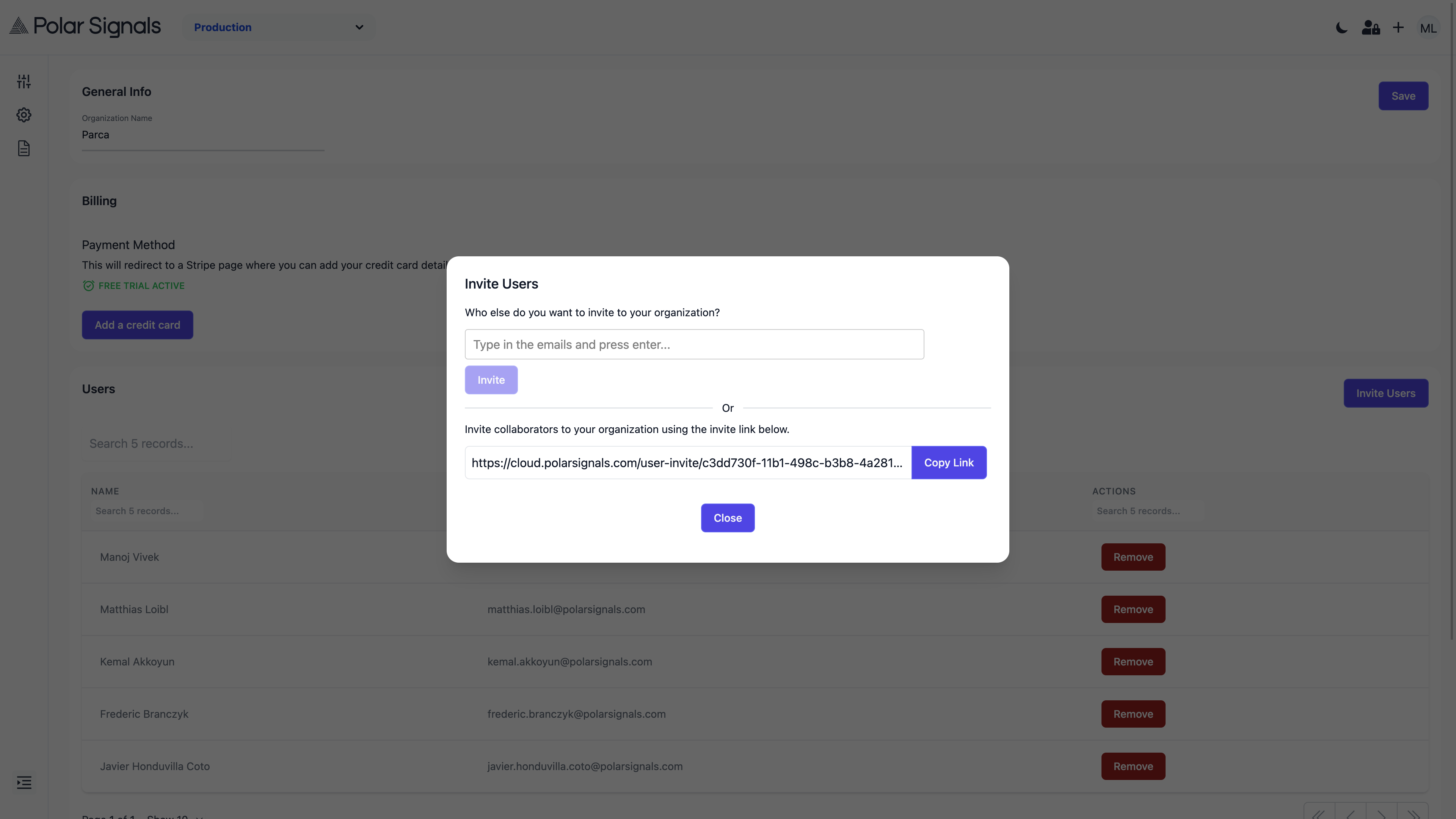 Invite users modal